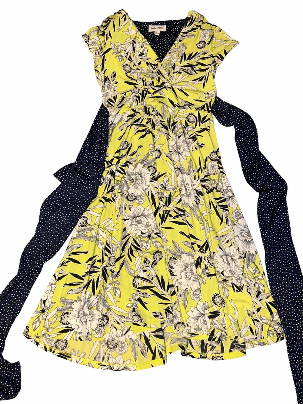 Shelby & Palmer Yellow Floral Wrap Dress with Navy Sash